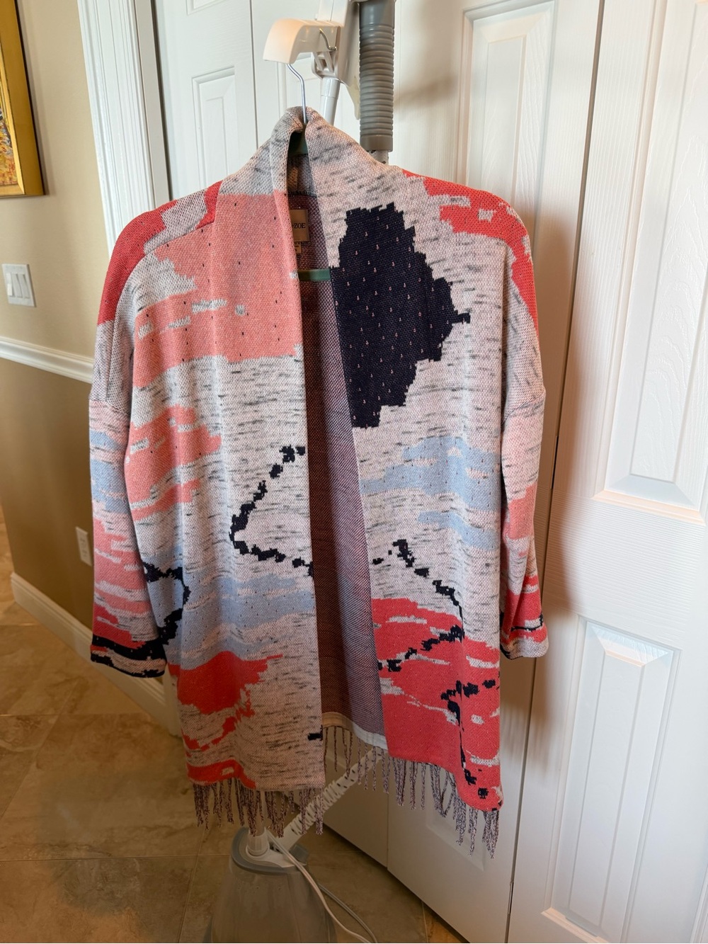 NIC+ZOE Coral, Pink and Navy Open-Front Patterned Cardigan